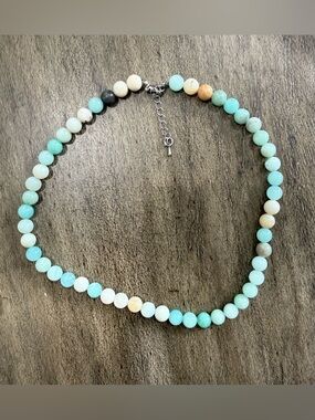 Beaded Amazonite Necklace in Aqua and Cream Neutrals